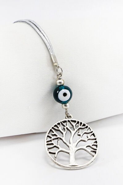 El Yapımı Zümrüt Yeşili Cam Nazar Boncuklu Metal Hayat Ağacı Araba Dikiz Ayna Süsü