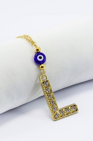 Gold Renkli Parlak Taşlı Yassı Cam Nazar Boncuklu L Harfi Araba Dikiz Ayna Süsü, Yeni Araba Hediyesi