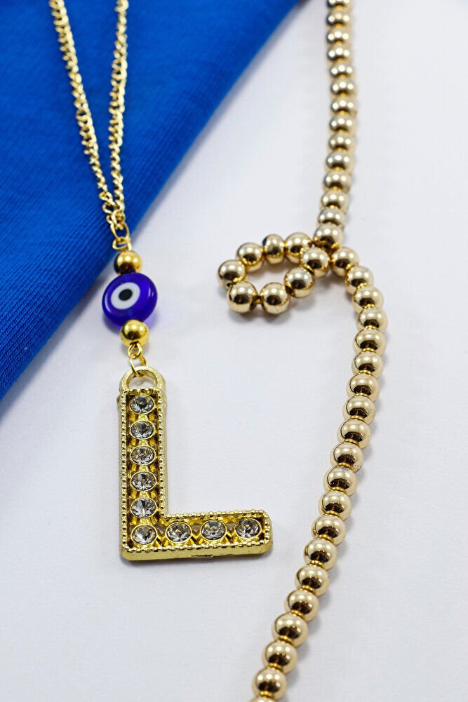 Gold Renkli Parlak Taşlı Yassı Cam Nazar Boncuklu L Harfi Araba Dikiz Ayna Süsü, Yeni Araba Hediyesi