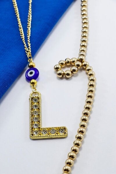 Gold Renkli Parlak Taşlı Yassı Cam Nazar Boncuklu L Harfi Araba Dikiz Ayna Süsü, Yeni Araba Hediyesi