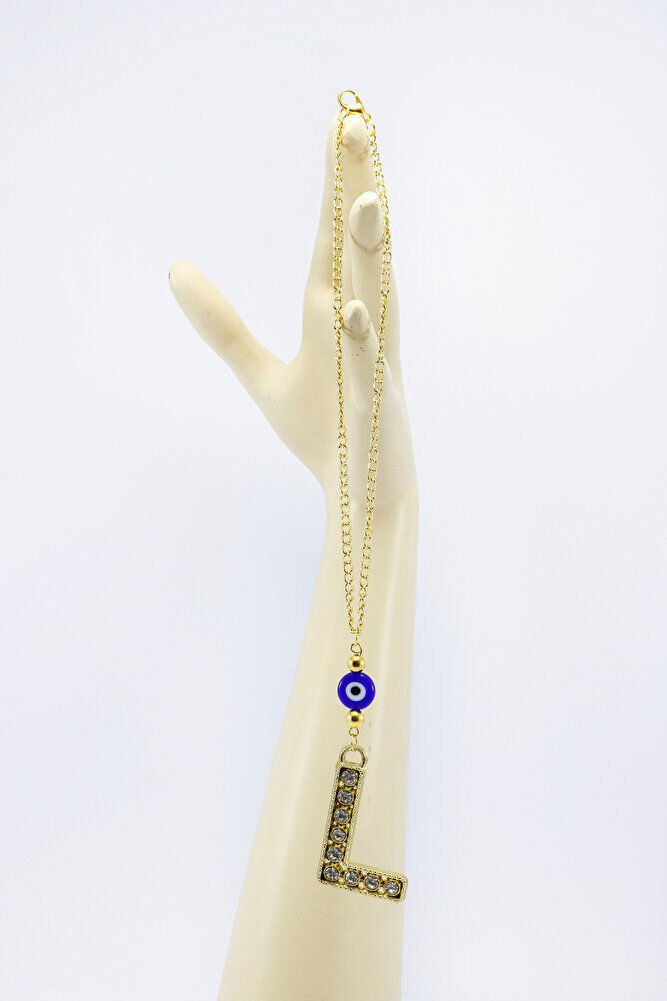 Gold Renkli Parlak Taşlı Yassı Cam Nazar Boncuklu L Harfi Araba Dikiz Ayna Süsü, Yeni Araba Hediyesi