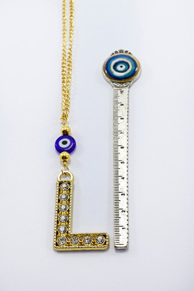 Gold Renkli Parlak Taşlı Yassı Cam Nazar Boncuklu L Harfi Araba Dikiz Ayna Süsü, Yeni Araba Hediyesi