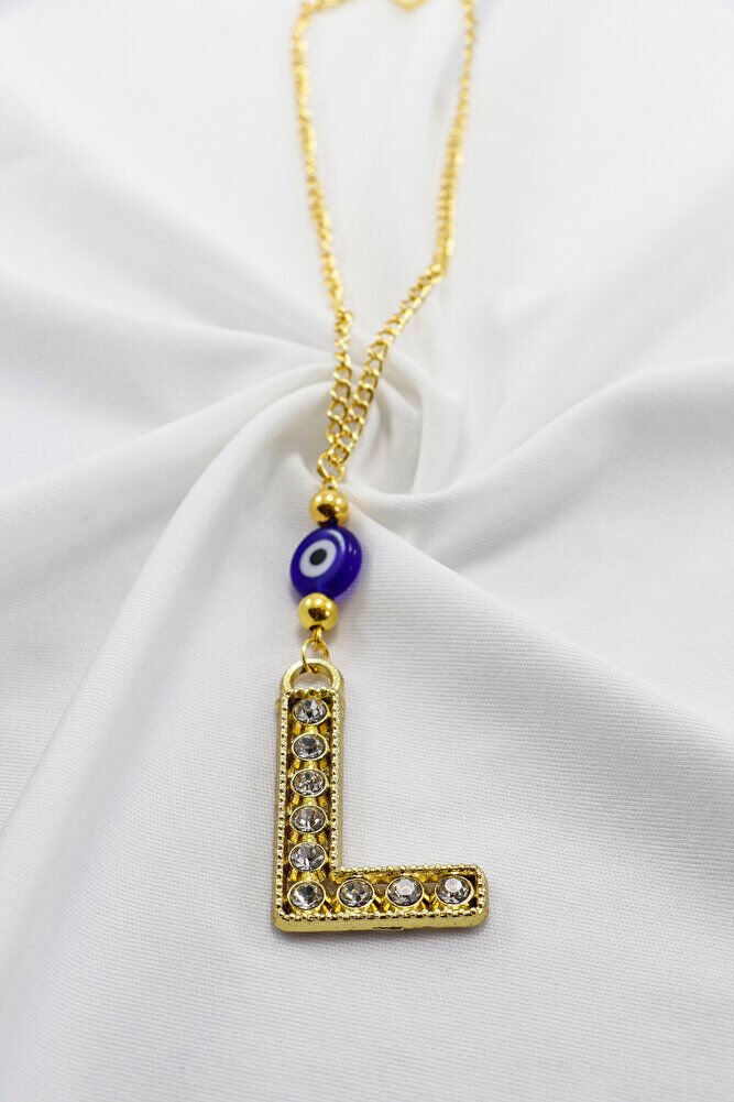 Gold Renkli Parlak Taşlı Yassı Cam Nazar Boncuklu L Harfi Araba Dikiz Ayna Süsü, Yeni Araba Hediyesi