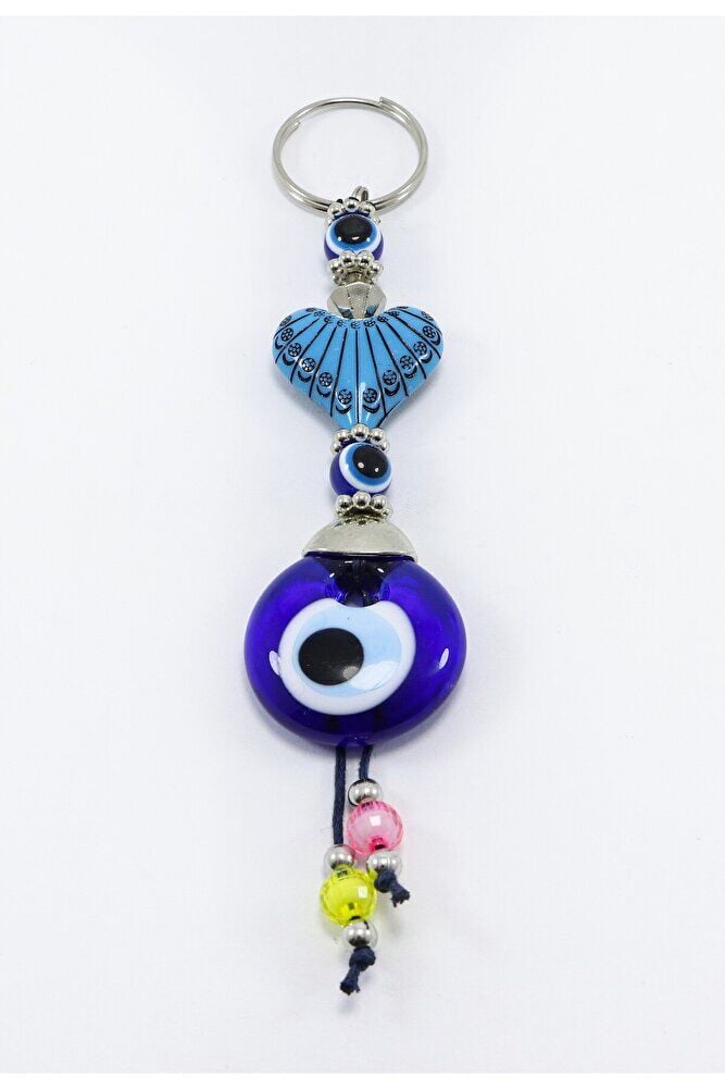 Navy Blue, Heart-Shaped Colorful Beaded Handmade Glass Evil Eye Beaded Keychain