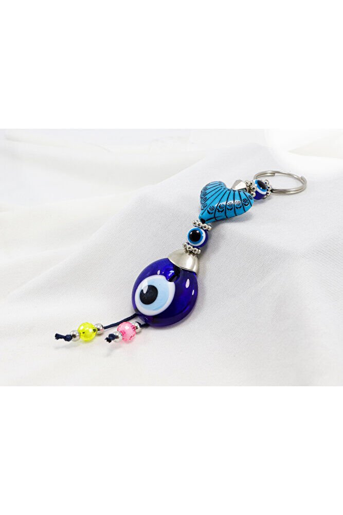 Navy Blue, Heart-Shaped Colorful Beaded Handmade Glass Evil Eye Beaded Keychain