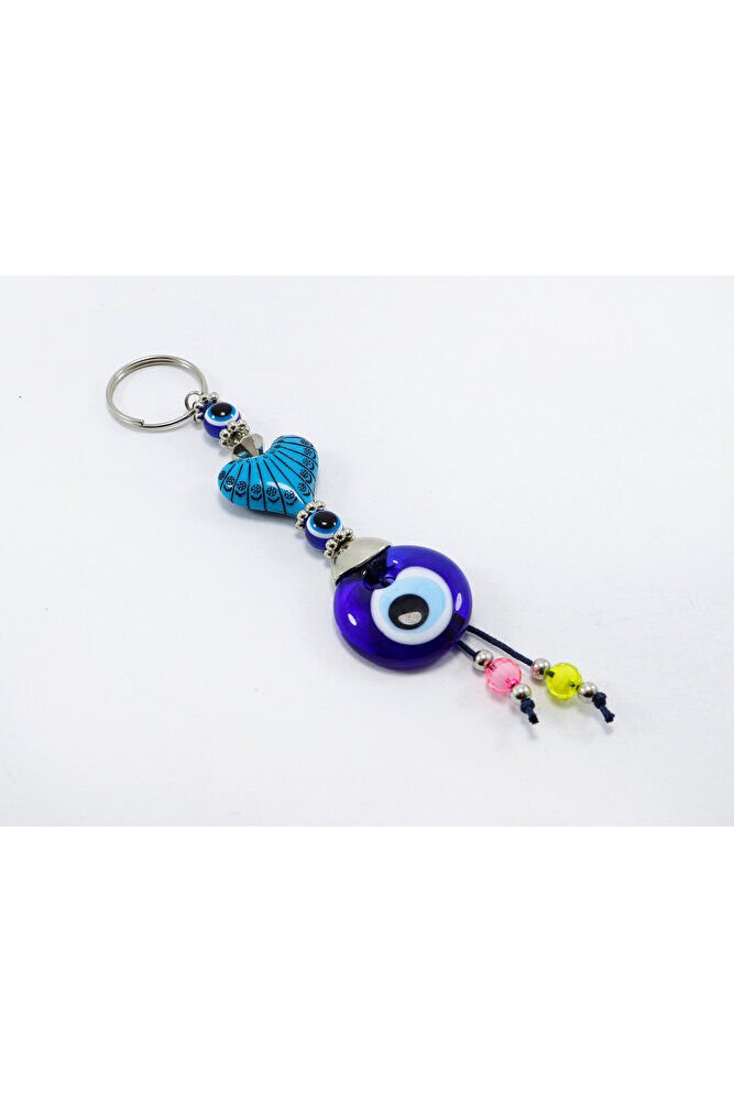 Navy Blue, Heart-Shaped Colorful Beaded Handmade Glass Evil Eye Beaded Keychain