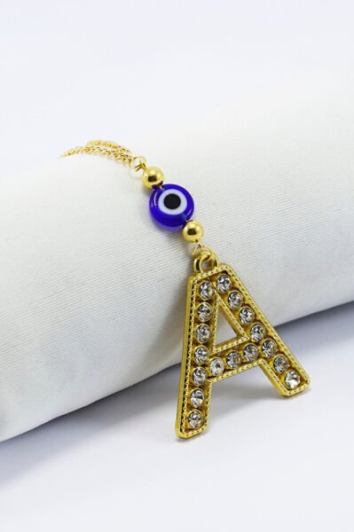 Gold Renkli Parlak Taşlı Yassı Cam Nazar Boncuklu A Harfi Araba Dikiz Ayna Süsü, Yeni Araba Hediyesi