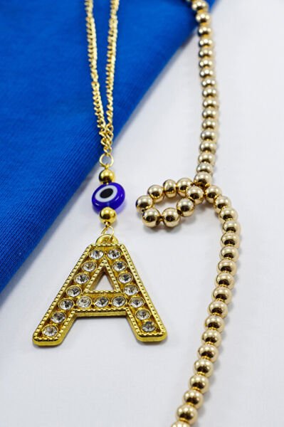 Gold Renkli Parlak Taşlı Yassı Cam Nazar Boncuklu A Harfi Araba Dikiz Ayna Süsü, Yeni Araba Hediyesi