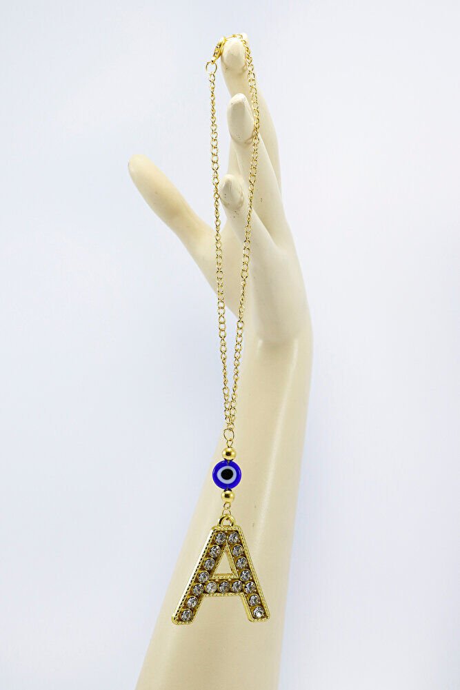 Gold Renkli Parlak Taşlı Yassı Cam Nazar Boncuklu A Harfi Araba Dikiz Ayna Süsü, Yeni Araba Hediyesi