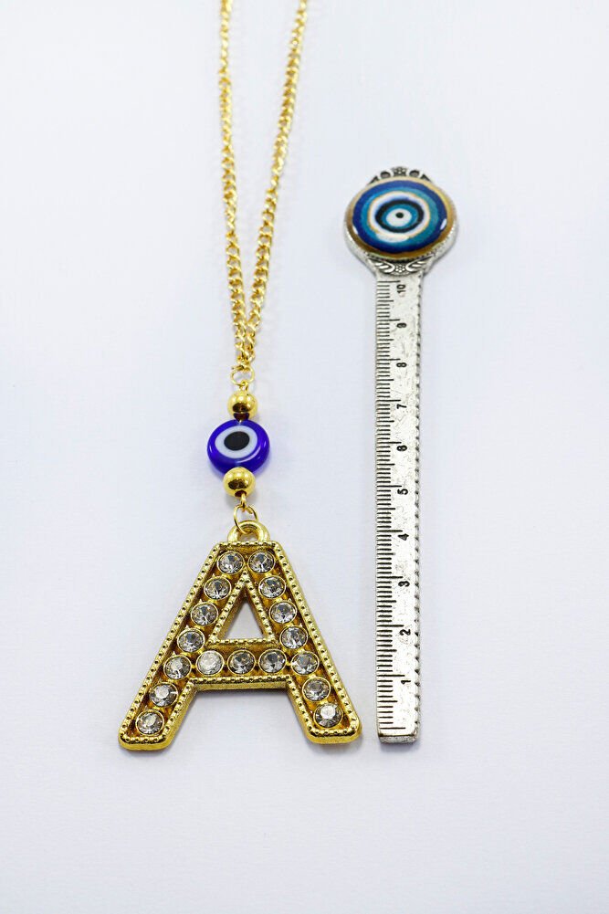 Gold Renkli Parlak Taşlı Yassı Cam Nazar Boncuklu A Harfi Araba Dikiz Ayna Süsü, Yeni Araba Hediyesi