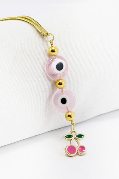 Pembe Cam Yassı Nazar Boncuklu Salkım Kiraz Araba Dikiz Ayna Süsü, Yeni Araba Hediyesi