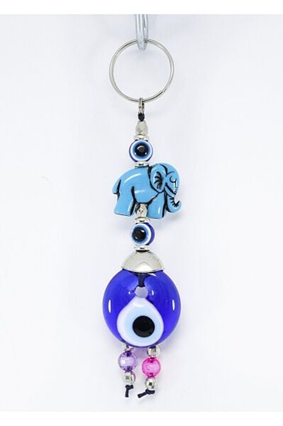 Handmade Glass Evil Eye Beaded Keychain with a Mini Elephant Figure, Gift Keychain
