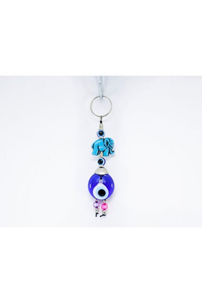Handmade Glass Evil Eye Beaded Keychain with a Mini Elephant Figure, Gift Keychain