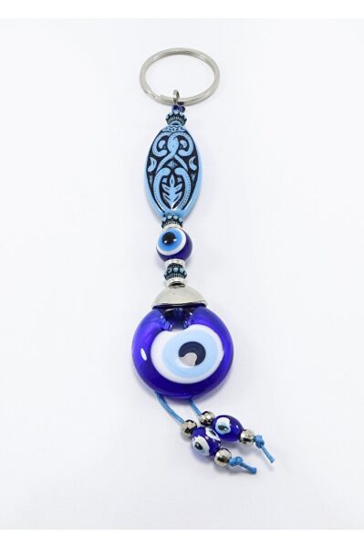 Patterned Ellipse Shaped Handmade Glass Evil Eye Beaded Keychain, Gift Keychain