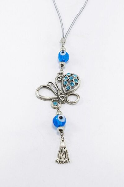 El Yapımı Cam Nazar Boncuklu Kelebekli Araba Dikiz Ayna Süsü, Metal Turkuaz Parlak Taşlı Kelebek