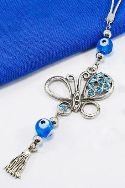 El Yapımı Cam Nazar Boncuklu Kelebekli Araba Dikiz Ayna Süsü, Metal Turkuaz Parlak Taşlı Kelebek