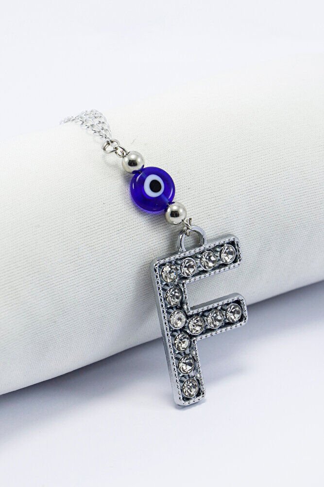 Gümüş Renkli Kristal Taşlı F Harfi Araba Dikiz Ayna Süsü, Hediyelik Nazar Boncuklu Araba Süsü