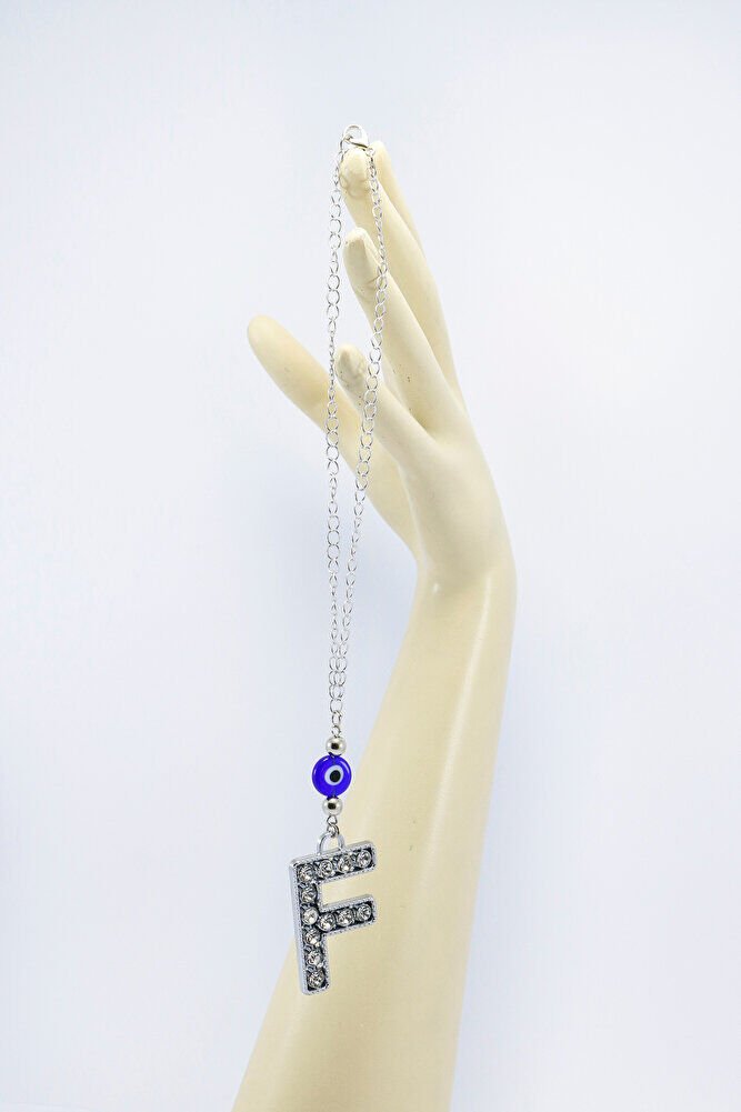 Gümüş Renkli Kristal Taşlı F Harfi Araba Dikiz Ayna Süsü, Hediyelik Nazar Boncuklu Araba Süsü