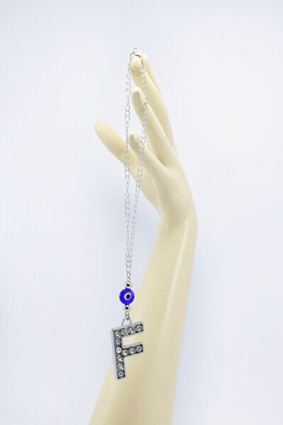 Gümüş Renkli Kristal Taşlı F Harfi Araba Dikiz Ayna Süsü, Hediyelik Nazar Boncuklu Araba Süsü