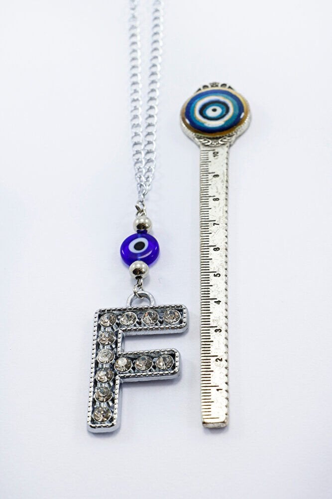 Gümüş Renkli Kristal Taşlı F Harfi Araba Dikiz Ayna Süsü, Hediyelik Nazar Boncuklu Araba Süsü