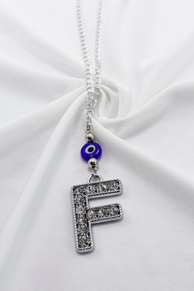 Gümüş Renkli Kristal Taşlı F Harfi Araba Dikiz Ayna Süsü, Hediyelik Nazar Boncuklu Araba Süsü