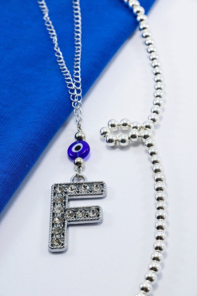 Gümüş Renkli Kristal Taşlı F Harfi Araba Dikiz Ayna Süsü, Hediyelik Nazar Boncuklu Araba Süsü