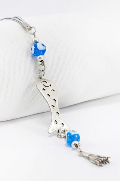 El Yapımı Cam Nazar Boncuklu Balık Figürlü Araba Dikiz Ayna Süsü, Metal Püsküllü Araba Hediyesi