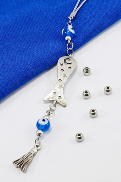 El Yapımı Cam Nazar Boncuklu Balık Figürlü Araba Dikiz Ayna Süsü, Metal Püsküllü Araba Hediyesi