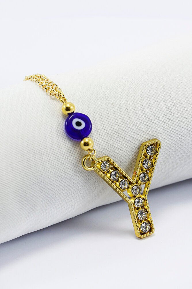 Gold Renkli Parlak Taşlı Yassı Cam Nazar Boncuklu Y Harfi Araba Dikiz Ayna Süsü, Yeni Araba Hediyesi