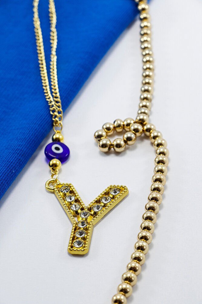 Gold Renkli Parlak Taşlı Yassı Cam Nazar Boncuklu Y Harfi Araba Dikiz Ayna Süsü, Yeni Araba Hediyesi