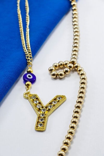 Gold Renkli Parlak Taşlı Yassı Cam Nazar Boncuklu Y Harfi Araba Dikiz Ayna Süsü, Yeni Araba Hediyesi