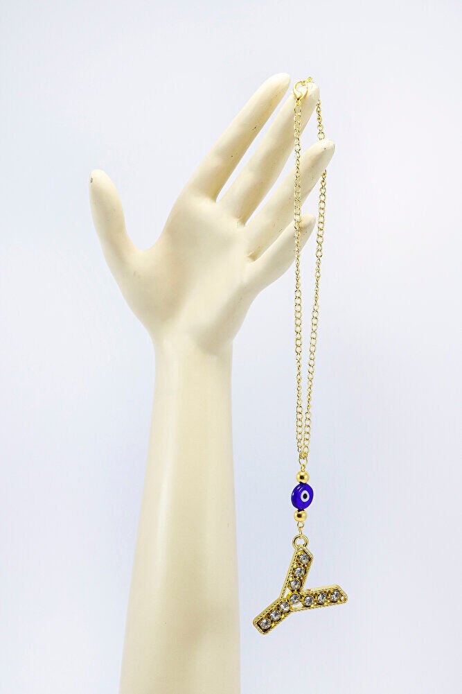 Gold Renkli Parlak Taşlı Yassı Cam Nazar Boncuklu Y Harfi Araba Dikiz Ayna Süsü, Yeni Araba Hediyesi