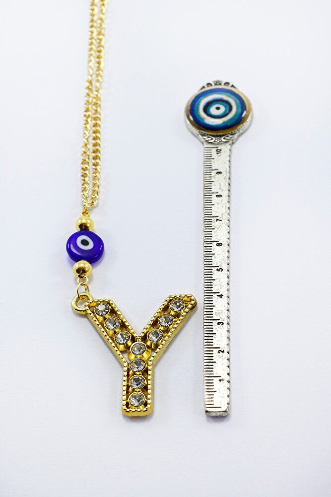 Gold Renkli Parlak Taşlı Yassı Cam Nazar Boncuklu Y Harfi Araba Dikiz Ayna Süsü, Yeni Araba Hediyesi