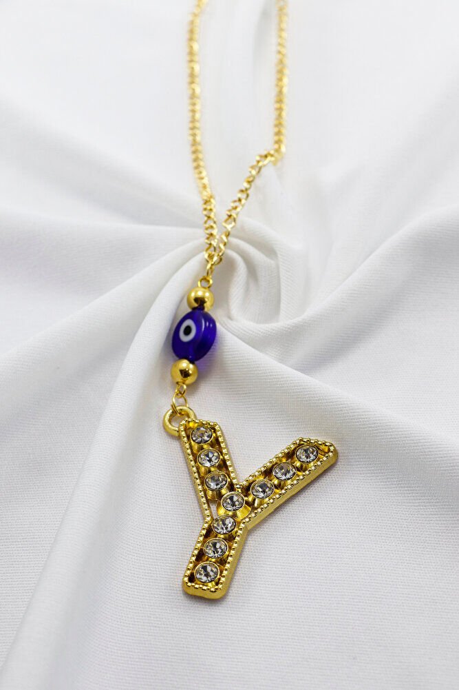 Gold Renkli Parlak Taşlı Yassı Cam Nazar Boncuklu Y Harfi Araba Dikiz Ayna Süsü, Yeni Araba Hediyesi