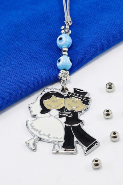 El Yapımı Cam Nazar Boncuklu Sarılan Gelin Damat Figürlü Araba Dikiz Ayna Süsü