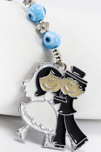 El Yapımı Cam Nazar Boncuklu Sarılan Gelin Damat Figürlü Araba Dikiz Ayna Süsü