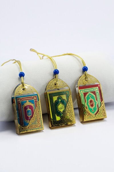 Minik Kur' an-ı Kerim Araba Dikiz Ayna Süsü, İpli Plastik Kaplı Renkli Üçlü Set