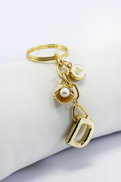 Metal Kalp Deniz Kabuğu Küçük Anahtarlık, D Harfi Minik Çanta Süsü