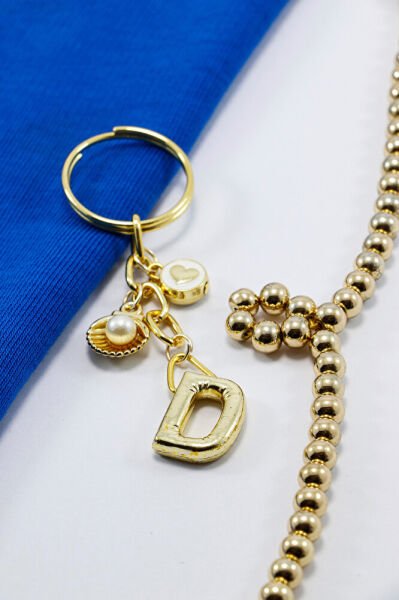 Metal Kalp Deniz Kabuğu Küçük Anahtarlık, D Harfi Minik Çanta Süsü