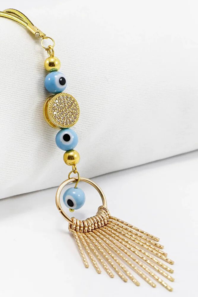 Gold Renkl Cam Nazar Boncuklu Parlak Taşlı Metal Püsküllü Araba Dikiz Ayna Süsü