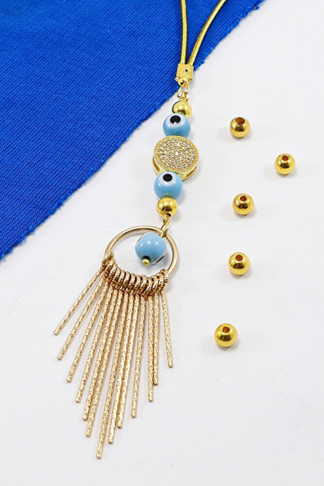 Gold Renkl Cam Nazar Boncuklu Parlak Taşlı Metal Püsküllü Araba Dikiz Ayna Süsü