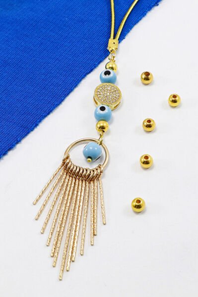 Gold Renkl Cam Nazar Boncuklu Parlak Taşlı Metal Püsküllü Araba Dikiz Ayna Süsü