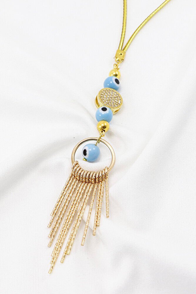 Gold Renkl Cam Nazar Boncuklu Parlak Taşlı Metal Püsküllü Araba Dikiz Ayna Süsü