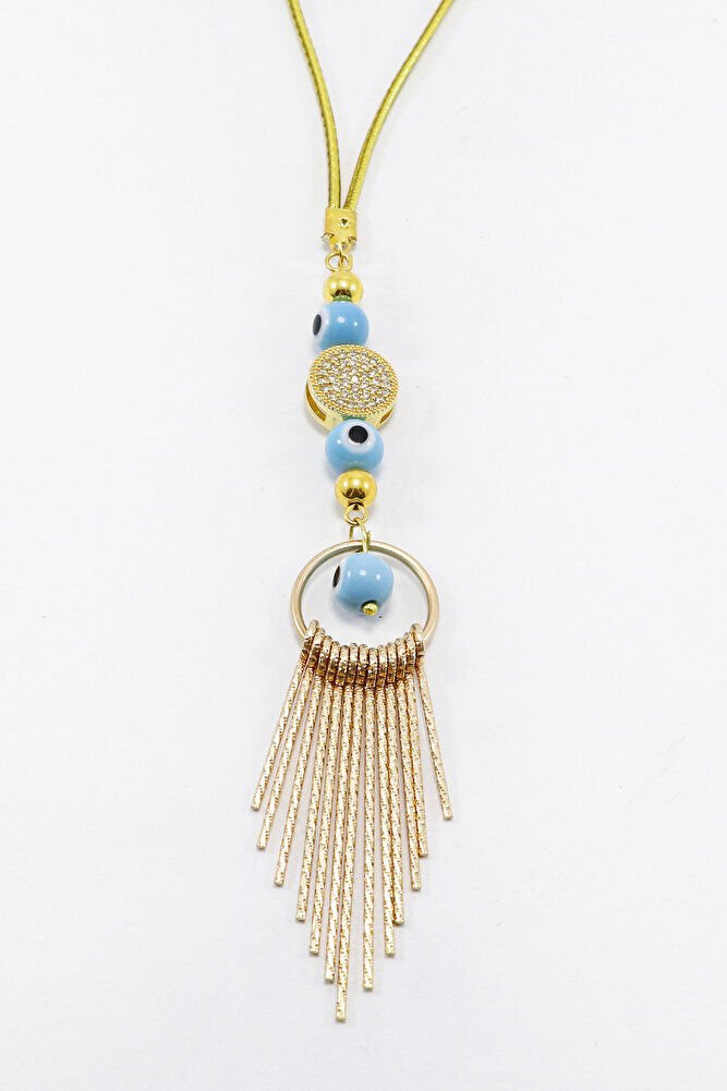 Gold Renkl Cam Nazar Boncuklu Parlak Taşlı Metal Püsküllü Araba Dikiz Ayna Süsü