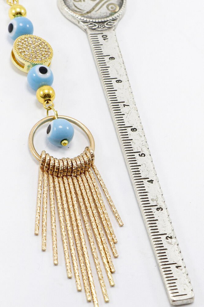 Gold Renkl Cam Nazar Boncuklu Parlak Taşlı Metal Püsküllü Araba Dikiz Ayna Süsü