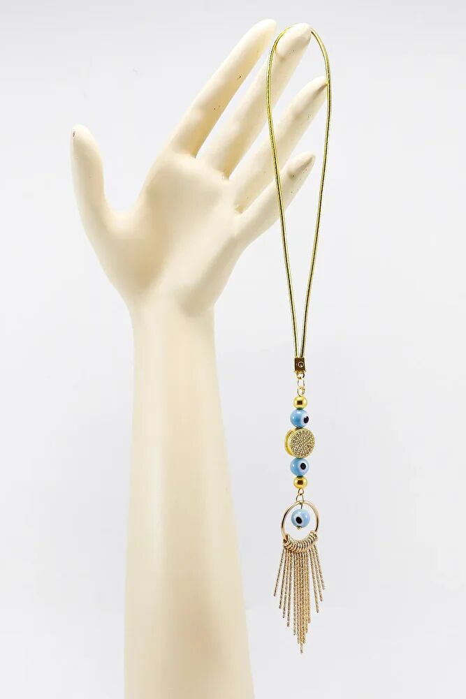 Gold Renkl Cam Nazar Boncuklu Parlak Taşlı Metal Püsküllü Araba Dikiz Ayna Süsü