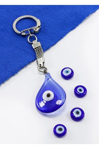 Navy Blue Double-Sided Drop-Shaped Evil Eye Bead Keychain, Evil Eye Beaded Bag Ornament for Gift