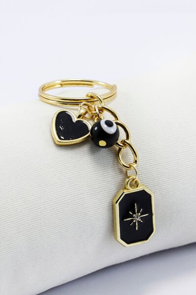 Siyah Cam Nazar Boncuğu Metal Kuzey Yıldızı Küçük Anahtarlık, Minik Çanta Süsü