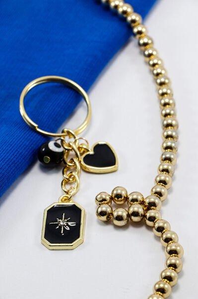 Siyah Cam Nazar Boncuğu Metal Kuzey Yıldızı Küçük Anahtarlık, Minik Çanta Süsü