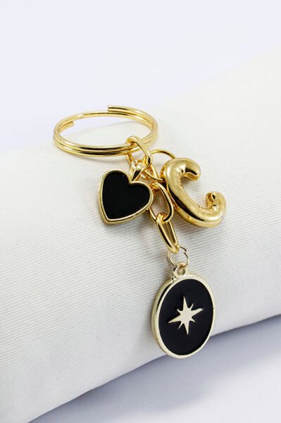 Siyah Cam Nazar Boncuğu Metal Kuzey Yıldızı Küçük Anahtarlık, C Harfi Minik Çanta Süsü